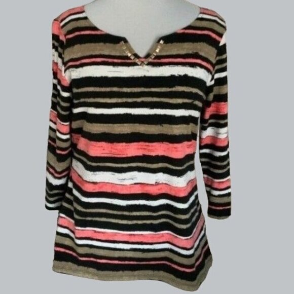 Ruby Rd quarter sleeve vneck metallic studded accents brown stripe tunic Medium - Picture 1 of 8